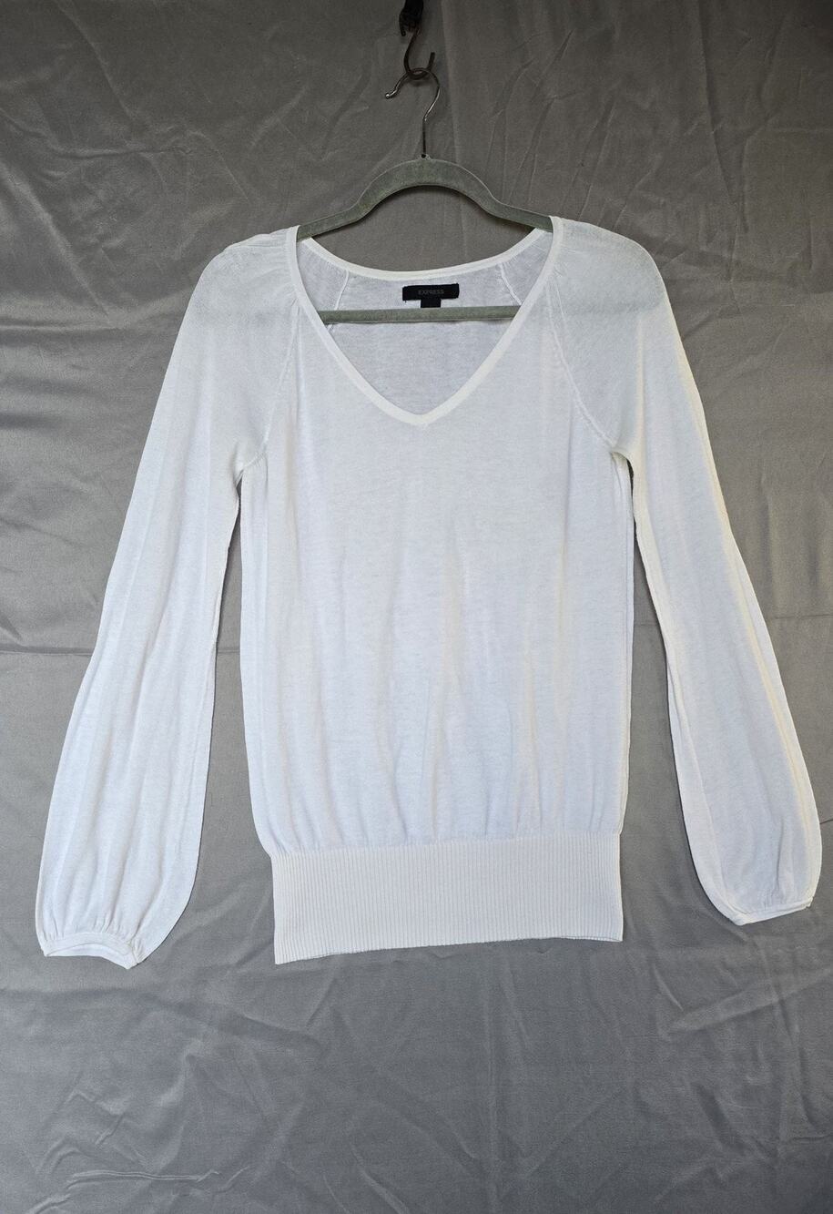Express Sweater Womens S White Sheer V Neck Long Sleeve Tight-Knit Pullover